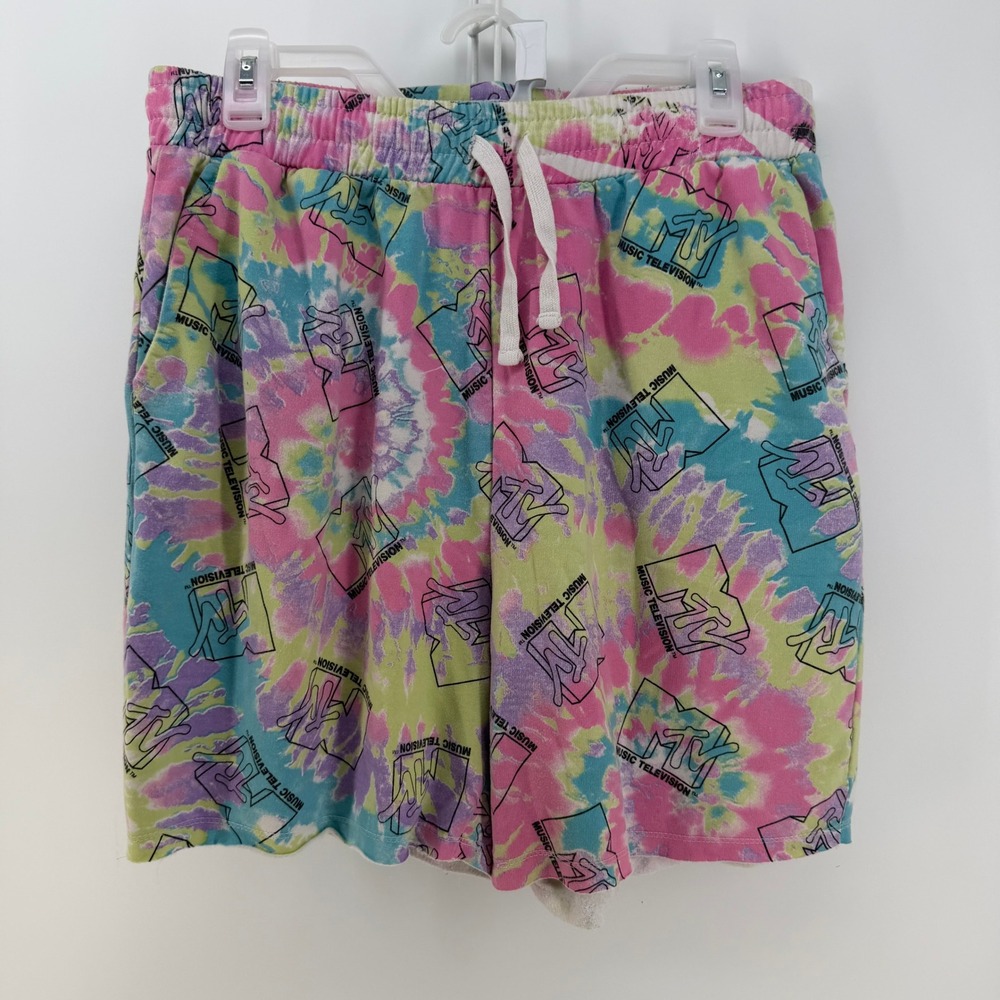 MTV Shorts Women Medium Pink Blue Tie Dye Logo Loungewear Y2K Retro Graphic Bold